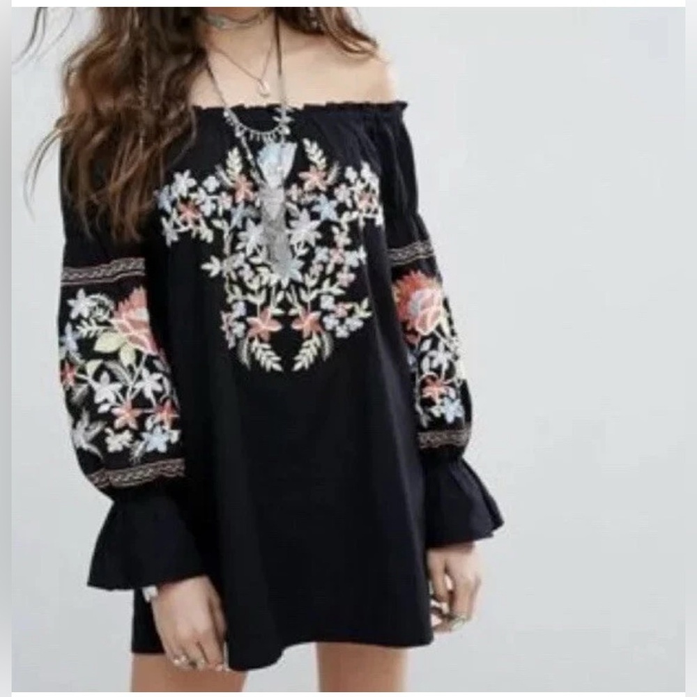 Free People Fleur Du Jour Black Floral Embroidered Off Shoulder Dress Black S - Picture 1 of 15